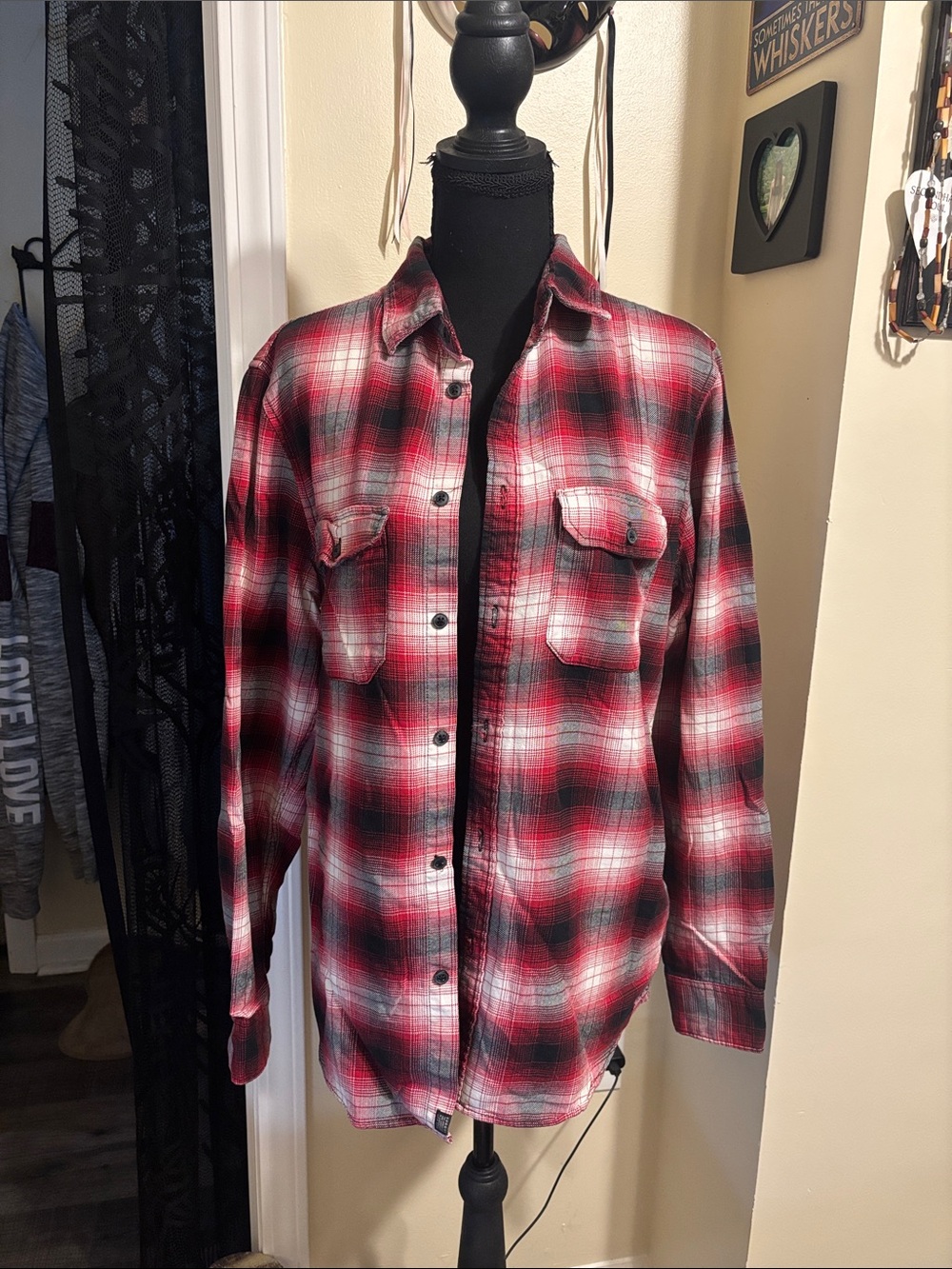 Divided Red, Black and White Plaid Flannel Button-Down Shirt
